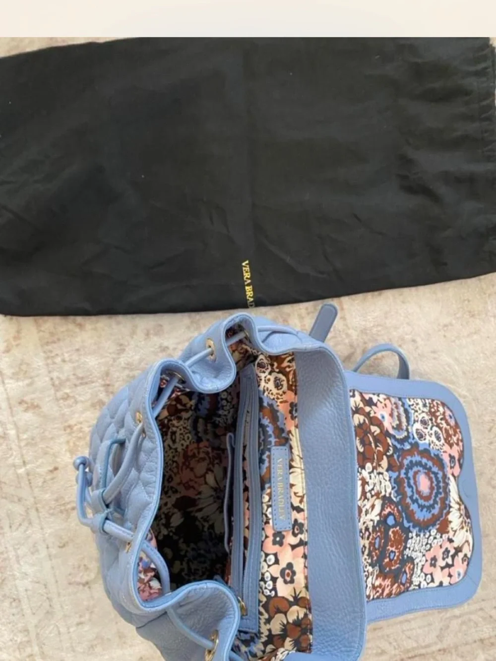 Vera Bradley Quilted Light Blue Leather Drawstring Backpack with Gold Accents